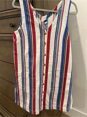 Old Navy Striped Button-Front Tank Dress in Red, Blue, Green, and White